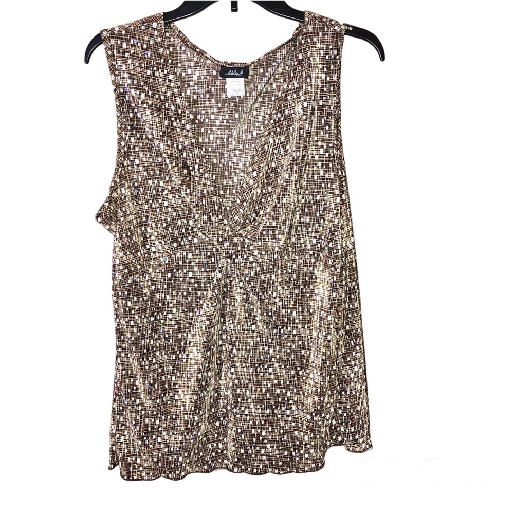 Ashley J Vintage V Neck Twist Knot Sleeveless Sequin Tank Top Brown‎ Xl